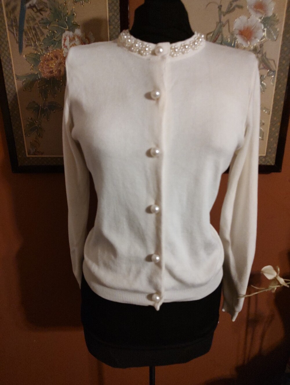 🎀🌹🎀 Dazzling Elaborate Faux Pearl Chantilly Cream Ivory Sweater Cardigan - M - Picture 2 of 16